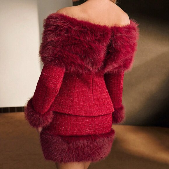 Red Elegant Women's Tweed Fluffy Panel Off Shoulder Jacket - Picture 2 of 9